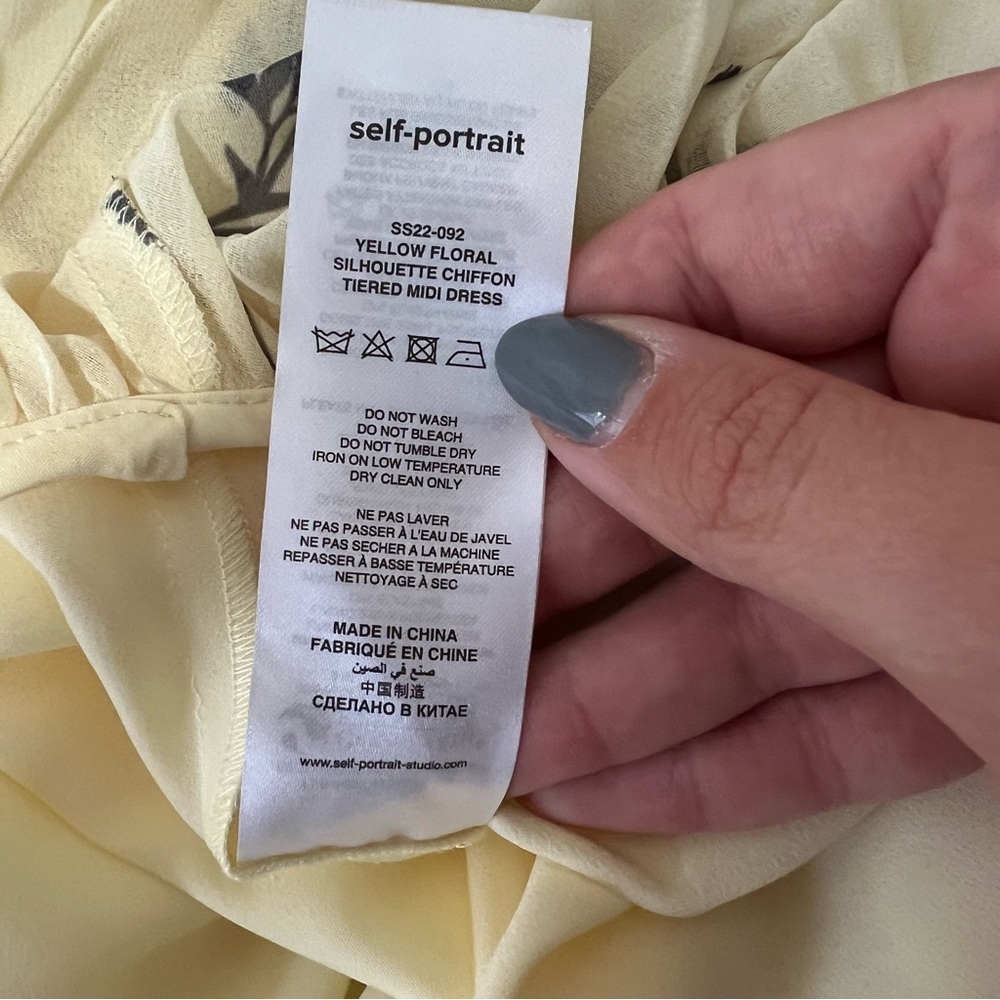 Self Portrait Yellow Floral Silhouette Chiffon Tiered Midi Dress Pastel Yellow - Picture 15 of 15